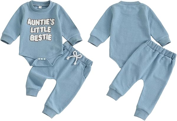 Loalirando Baby Jungen Sommer Outfit Kleidung Set Baumwolle Waffelstrick Aunties Little Bestie Langarm Oberteil + Hose Bekleidungssets für Baby-Jungen - 3