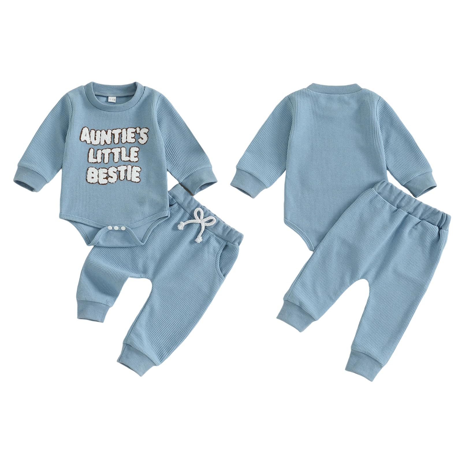 Loalirando Baby Jungen Sommer Outfit Kleidung Set Baumwolle Waffelstrick Aunties Little Bestie Langarm Oberteil + Hose Bekleidungssets für Baby-Jungen - 3
