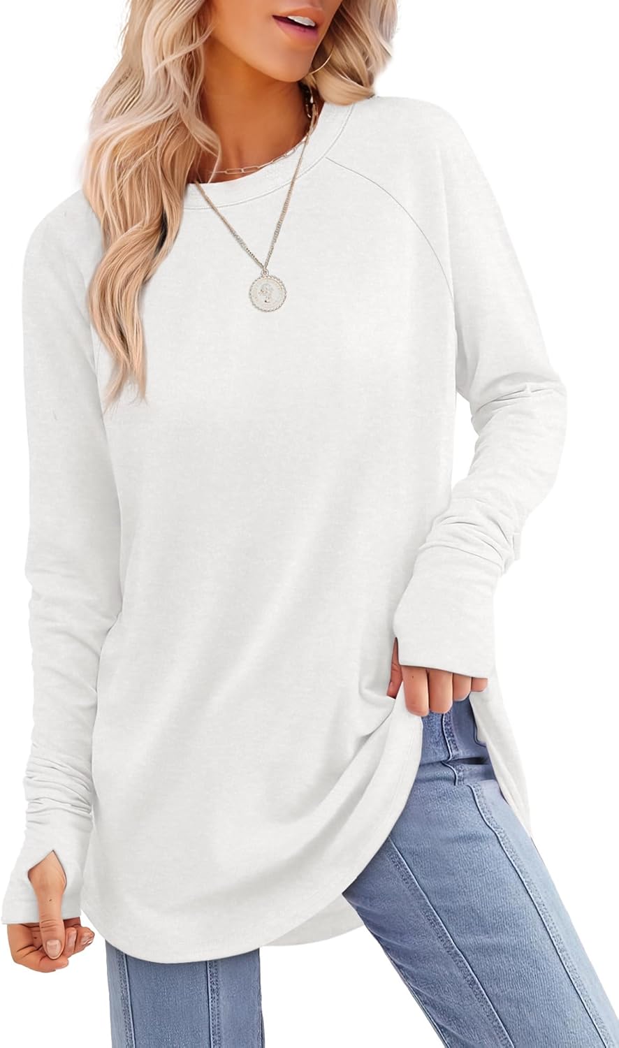 XIEERDUO Womens Tunic Tops to Wear with Leggings Long Sleeve Thumb Hole Shirts Crew Neck Curved Hem A-white Large