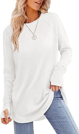 XIEERDUO Women's Long Sleeve Tunic Top with Thumb Holes and Curved Hem