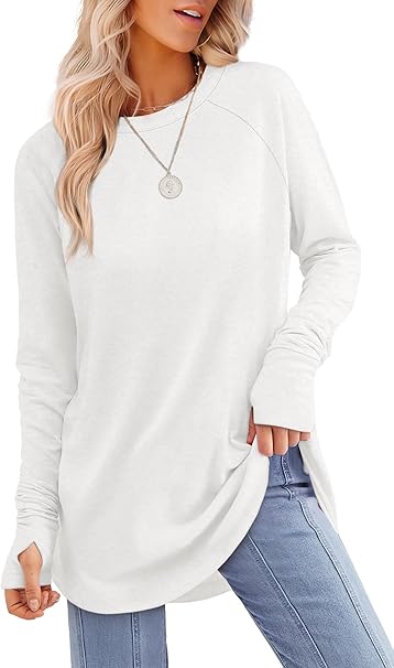 XIEERDUO Womens Tunic Tops to Wear with Leggings Long Sleeve Thumb Hole Shirts Crew Neck Curved Hem