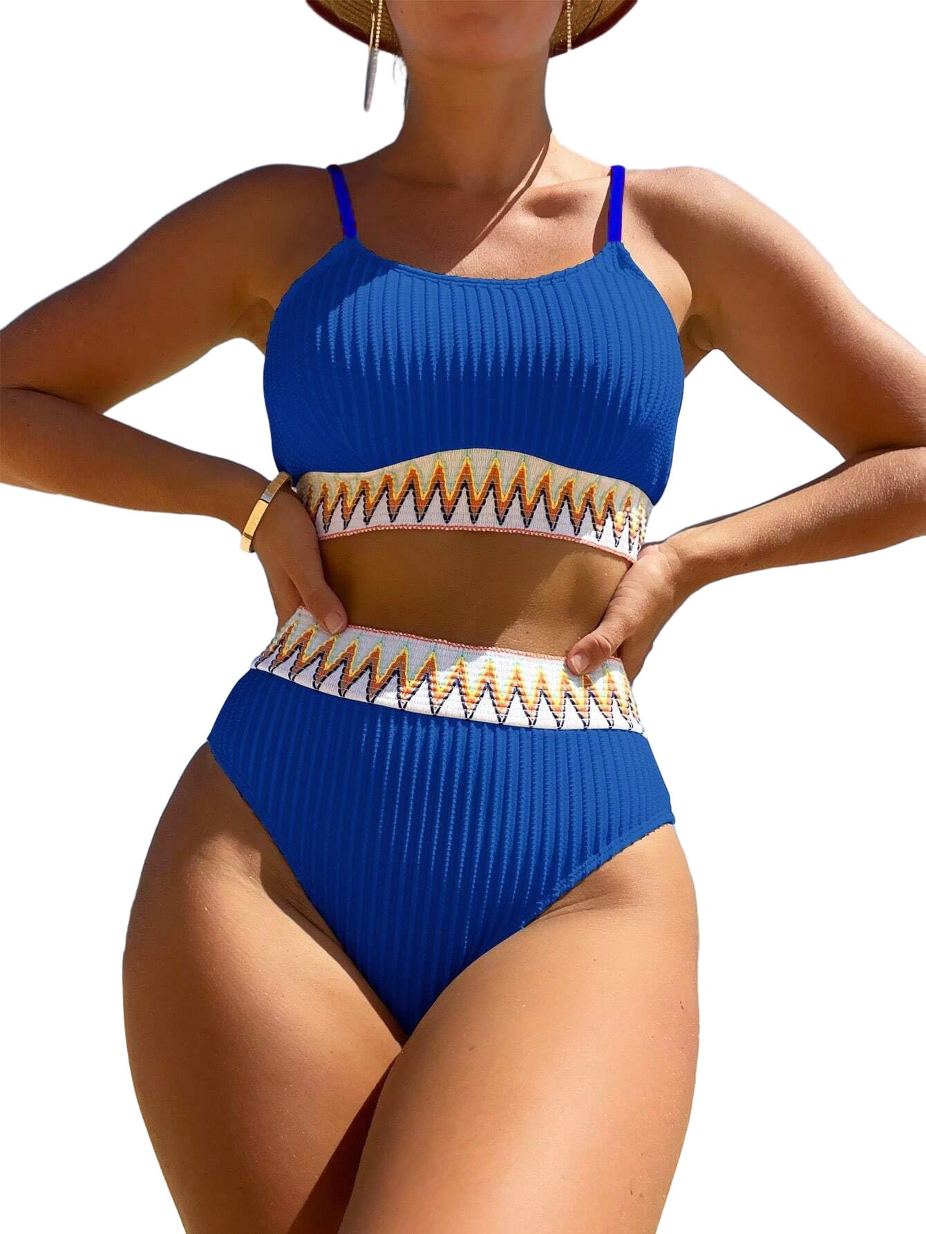 Lilosy Ribbed Contrast High Waisted Tummy Control Bikini Set Spandex Swimsuit 2 Piece