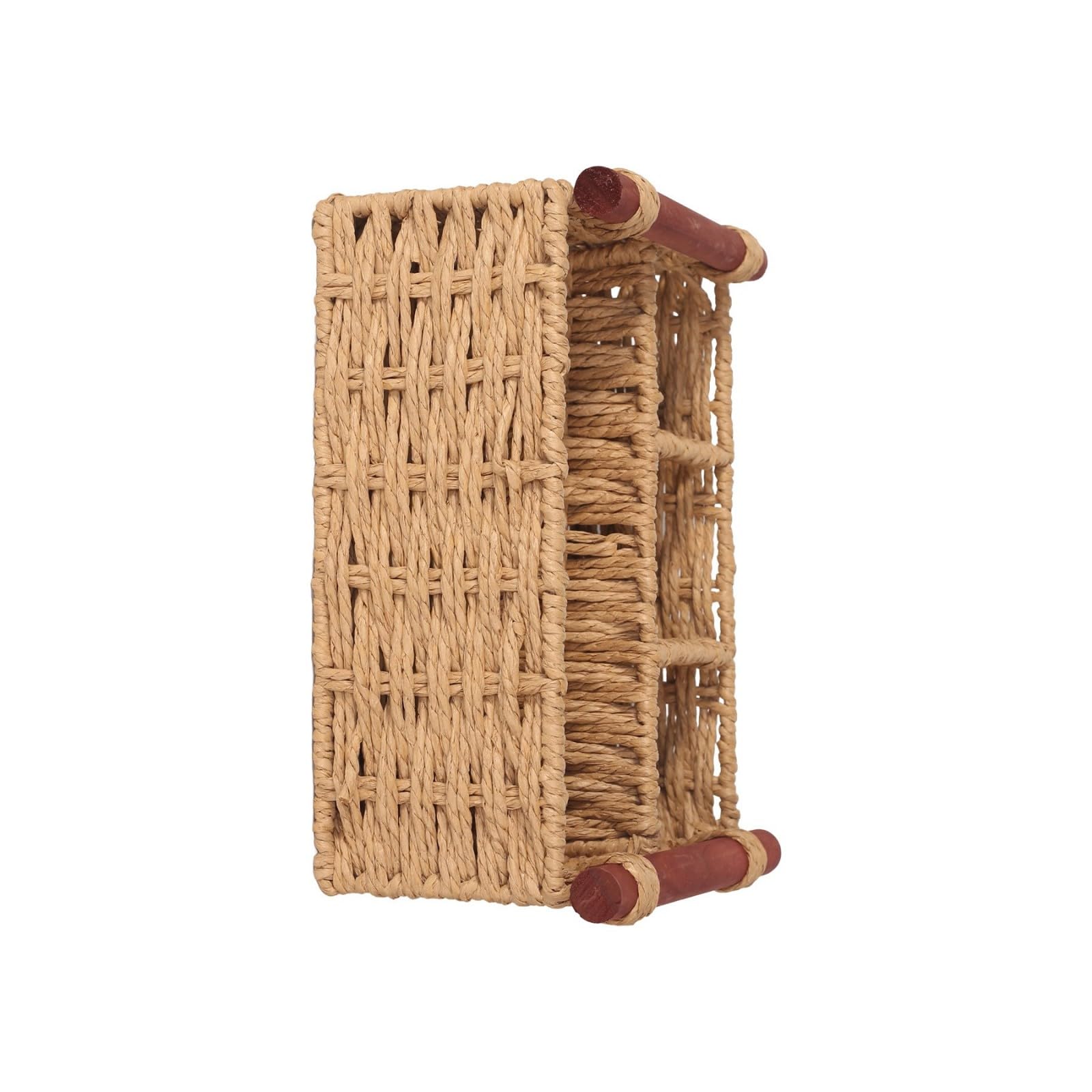 Zeiwohndc Khaki Large Handwoven Paper Storage Basket Desk Organizer With Wooden Handle For Home Organization And Decoration Interlaced Storage Basket Practical Large Capacity Bin Woven Paper Container