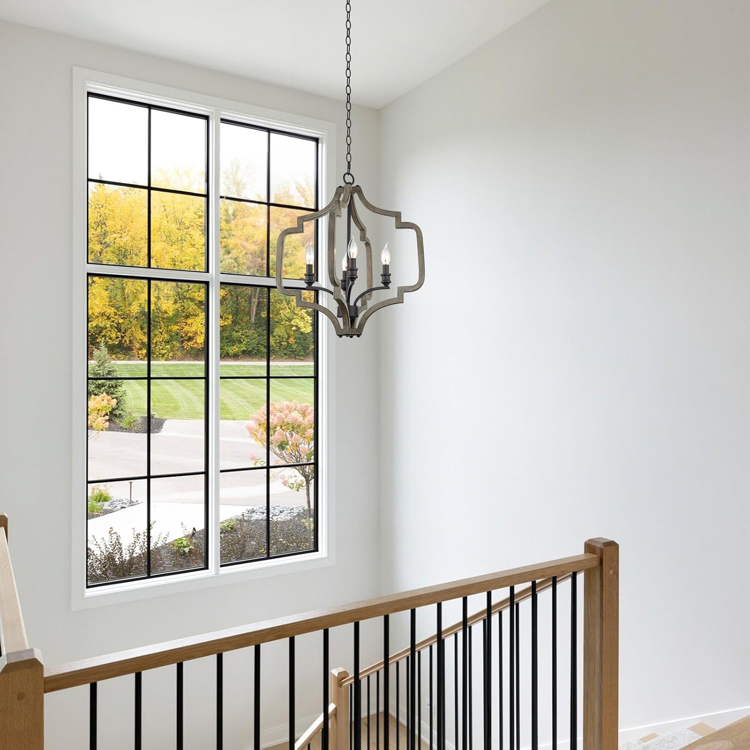 Kira Home Atwood 23" 4-Light Farmhouse Pendant Light Chandelier, Open Design, Gray Oak Wood Finish + Sandblasted Black Finish
