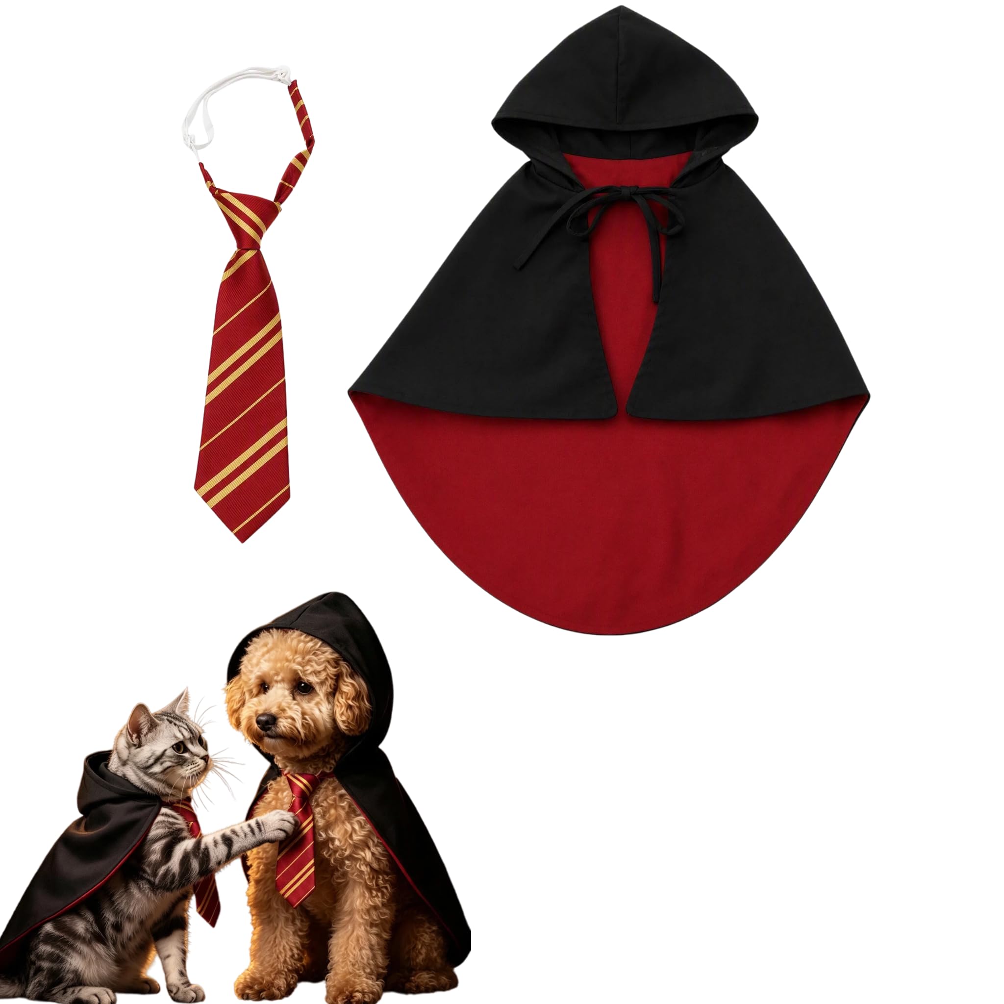 Dog Halloween Costume, 2-Piece Puppy Halloween Costumes Set: Wizard Hooded Cloak and Red Striped Tie, Pet Fancy Dress Outfit for Small & Medium Cats and Dogs, Ideal for World Book Day & Themed Parties