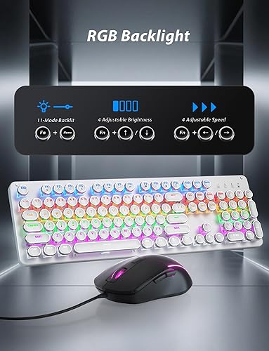 Miniatura 5 de Teclado mecánico y mouse para juegos de máquina de escribir, teclados retro de tamaño completo de 104 teclas, panel de metal, tecla redonda punk,