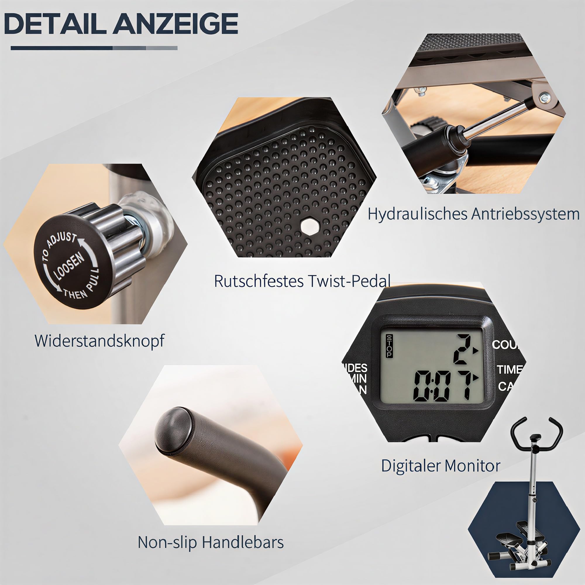 HOMCOM Stepper mit Handgriff Heimtrainer für Zuhause Kompakt Fitnessgerät für Bein- und Po-Training mit LCD-Display verstellbare Geschwindigkeit Metall ABS 55 x 53 x 118-128 cm