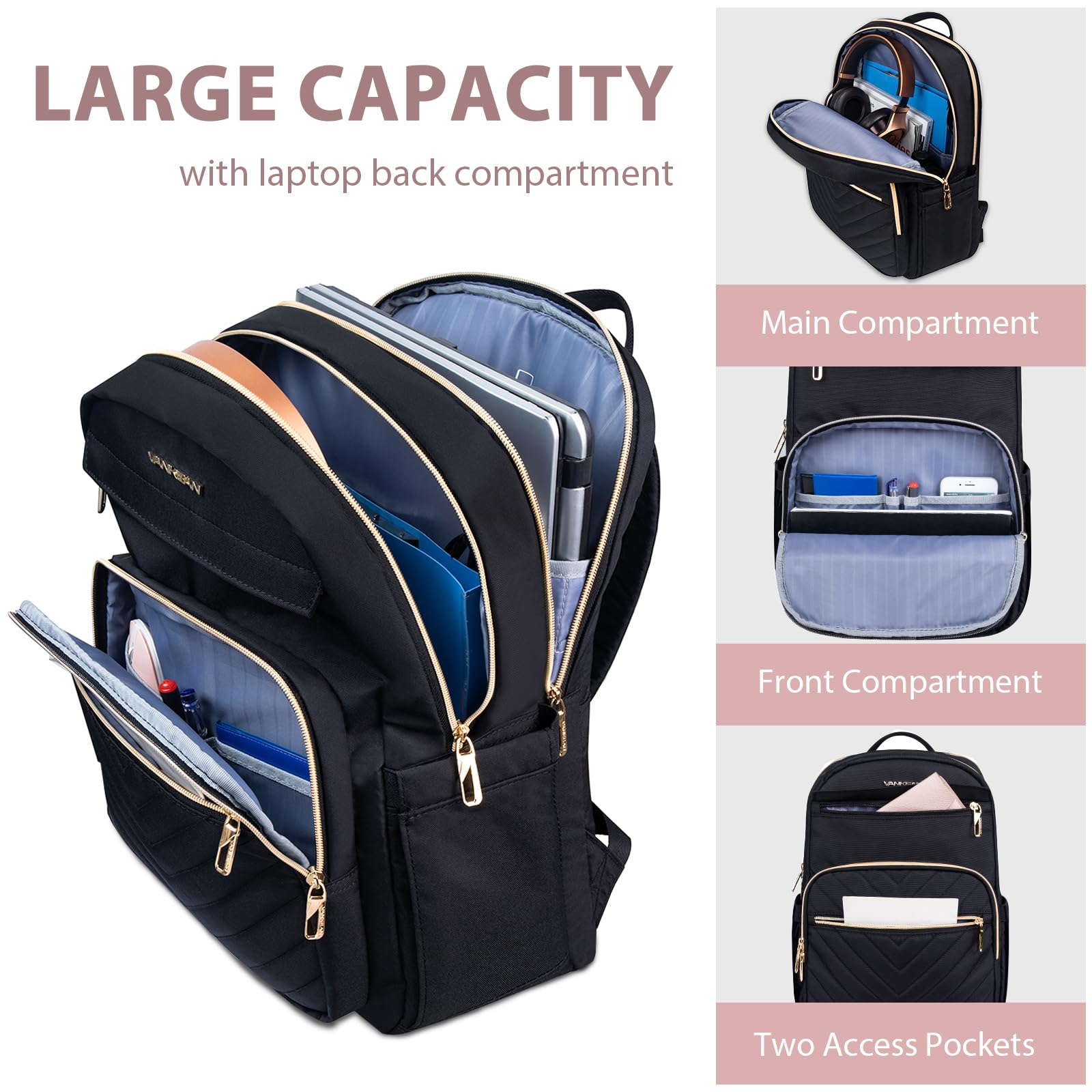 VANKEAN 15.6 Zoll Laptop Rucksack Damen, Schulrucksack wasserdicht Damen Herren Arbeitstasche für Universität Business Arbeit Reisen Camping, Schwarz