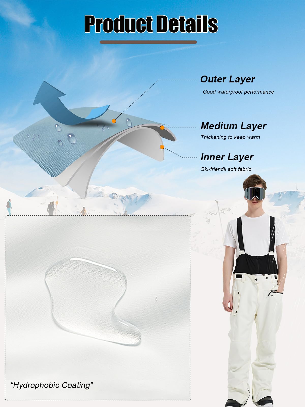 Herren Skihose Wasserdicht Schneehose Softshellhose Winter Warm Gefüttert Snowboardhose Overall mit VAbnehmbar Träger