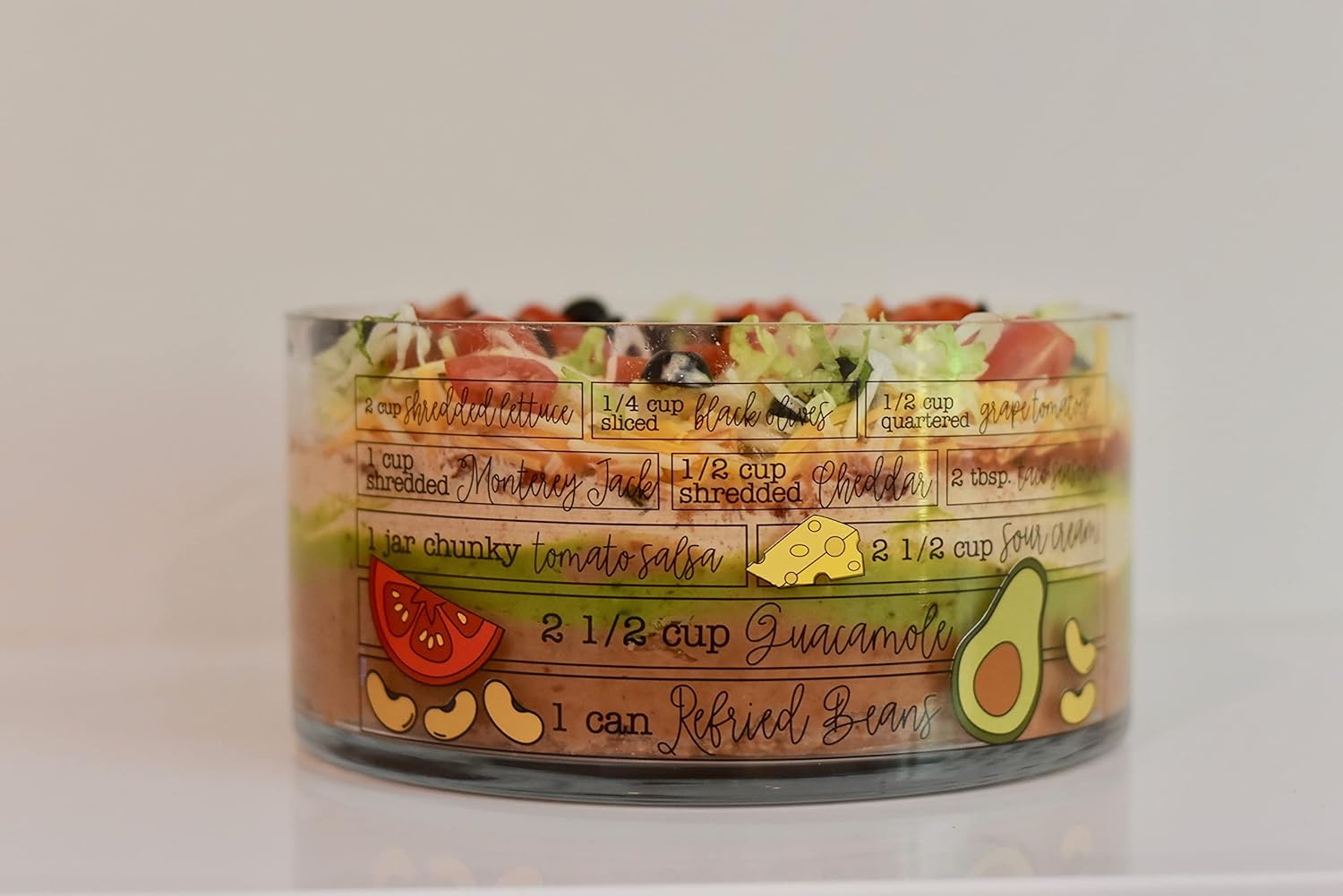 Mud Pie Glass Ingredients Bowl Set, 7 Layer Dip, bowl4" x 8" dia | spoon 6"