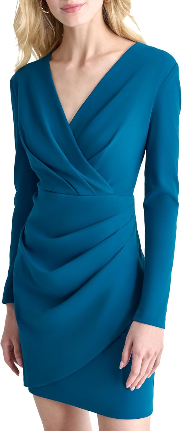 DKNY Womens Long Sleeve Surplice Neck Ruched Bodice Mini Fitted Dress