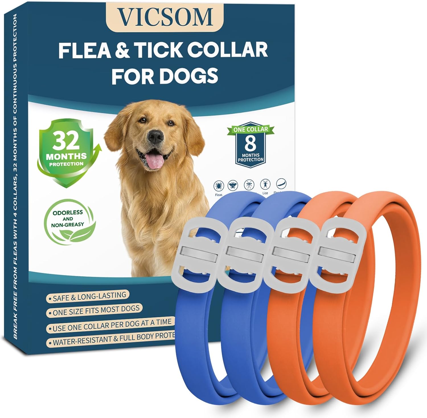VICSOM Dog Flea & Tick Collar 4 Pack - Waterproof, Adjustable 32-Month Protection for Puppies & Dogs, Blue/Orange