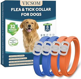 VICSOM Dog Flea & Tick Collar 4 Pack - Waterproof, Adjustable 32-Month Protection for Puppies & Dogs, Blue/Orange