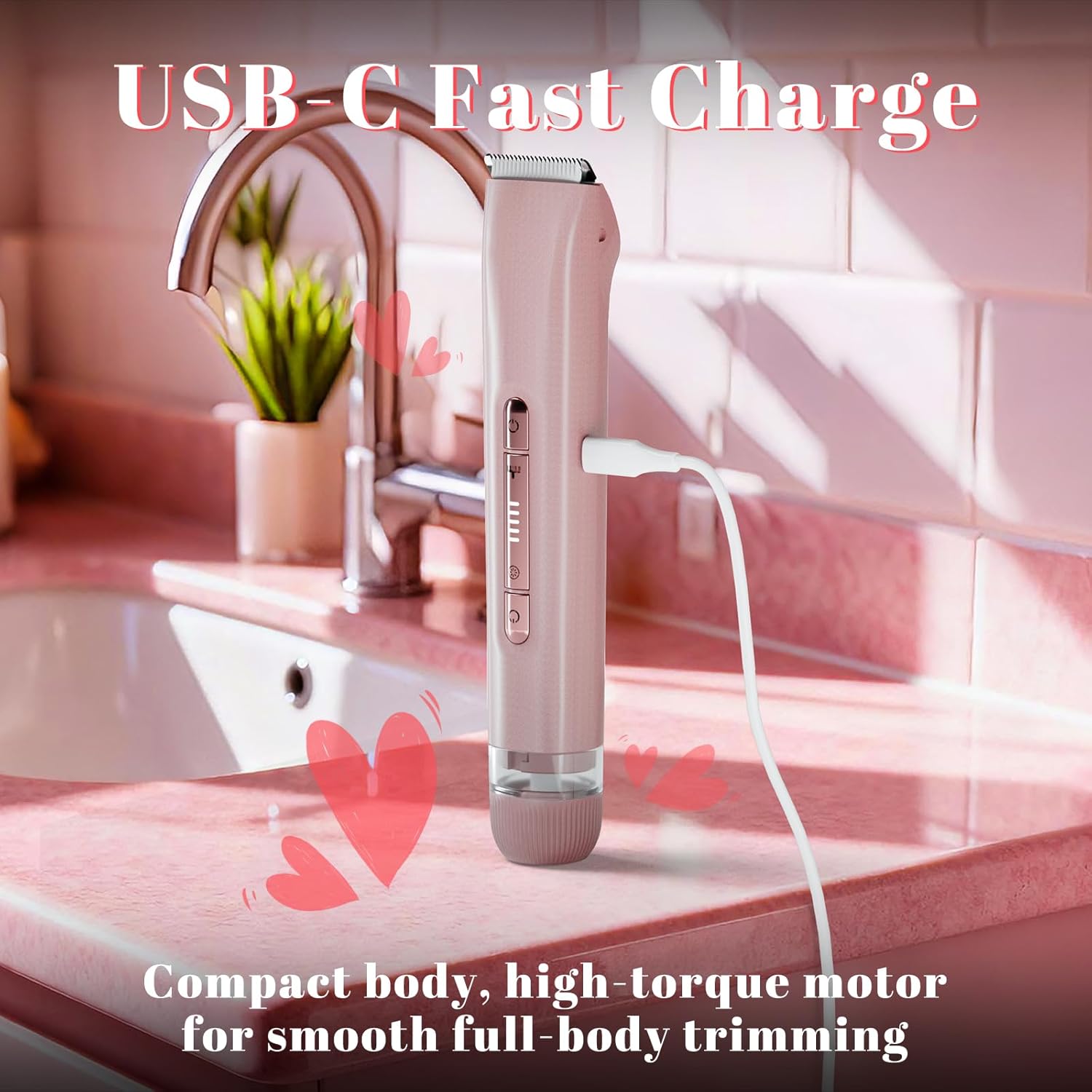 2-in-1 Bikini Trimmer for Women – Dual-Head Electric Razor, IPX7 Waterproof Wet & Dry, Pubic Hair Trimmer & Body Shaver, LED Battery Bars, USB-C Rechargeable – X6 Satin Rose Gold