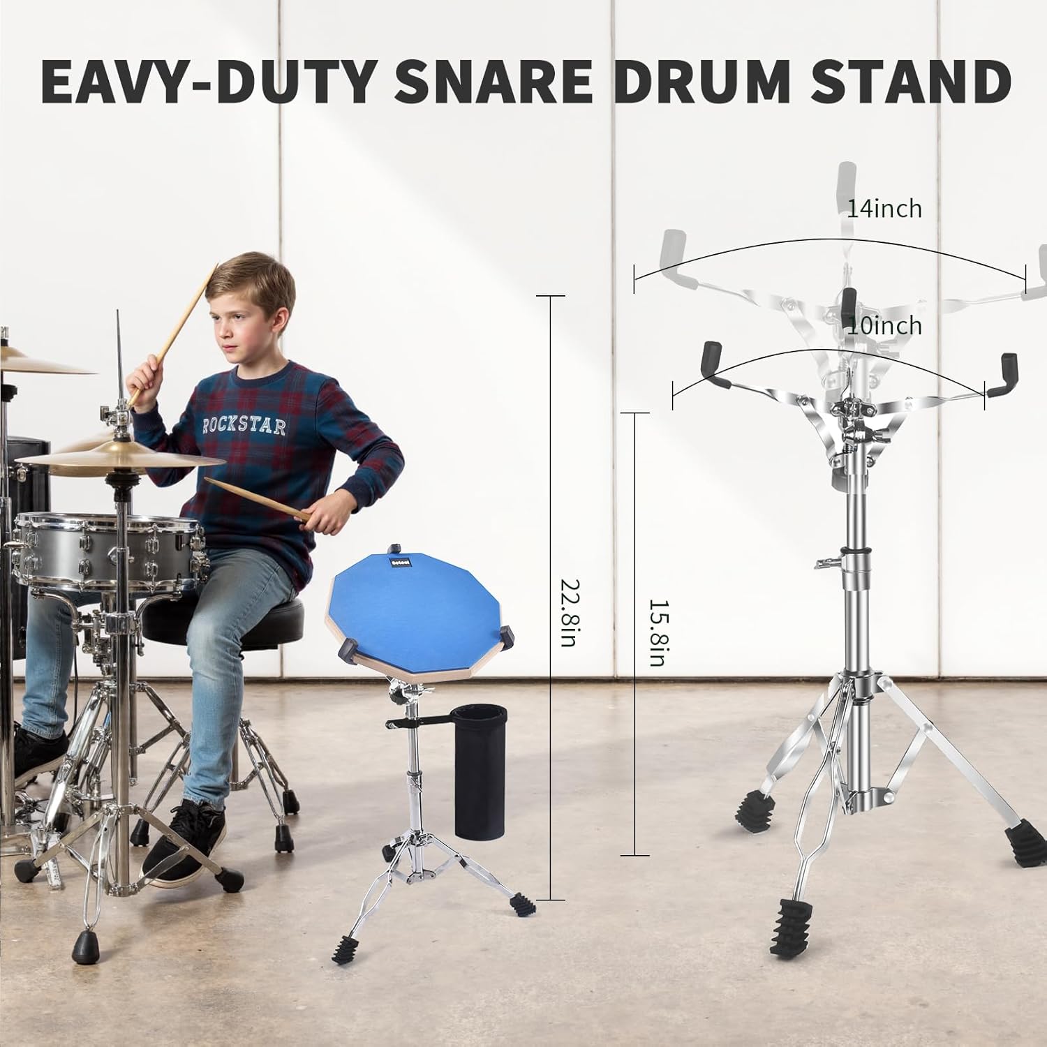 Drum Practice Pad Set, 12 Inch Double Sided Silent Drum Pad with Storage Bag + Adjustable Snare Drum Stand with Carry Bag + 2 Pair Drum Sticks with Drumstick Holder, Fits 10"-14" Drums (Blue)