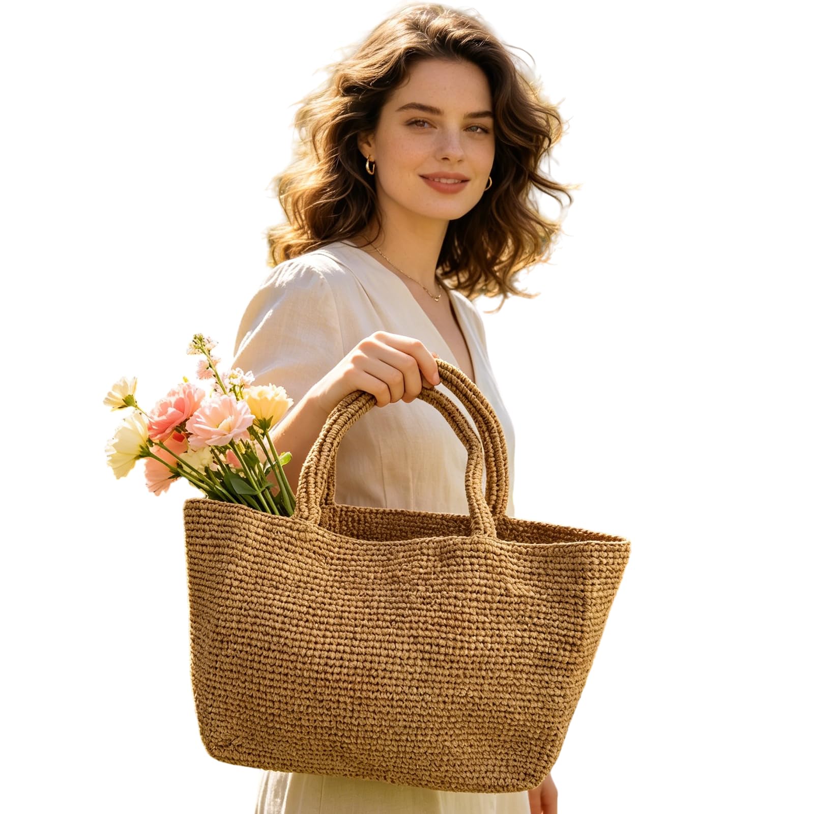Borsa da spiaggia intrecciata in rafia per donna | Borsa tote all'uncinetto versatile, fatta a mano, adatta a viaggi, lavoro e mercato, presa comoda