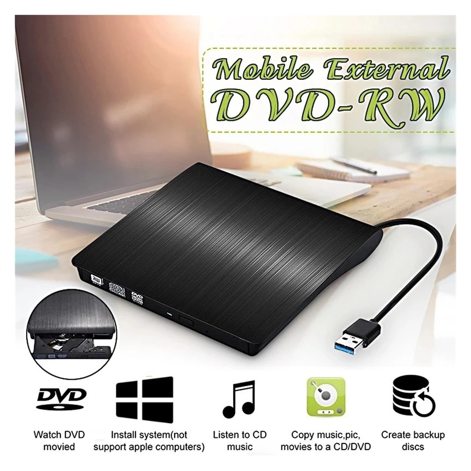 Lettore Dvd USB 3.0 Slim Esterno Dvd-RW Masterizzatore CD Masterizzatore Lettore Lettore unità Ottiche Lettore Dvd Rom Plug Play(Silver)