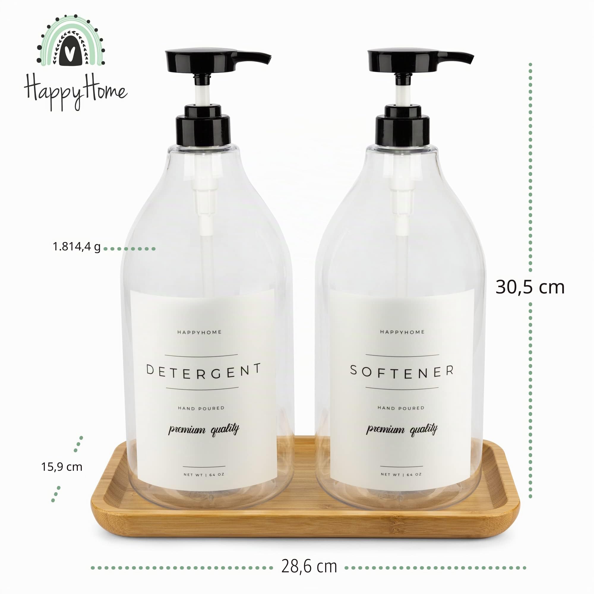 Dispenser per detersivo liquido per lavanderia, 2 contenitori decorativi da 1,8 l, con etichette resistenti all'acqua, con 2 pompe e tappi a vite, imbuto pieghevole, etichette extra e vassoio in bambù