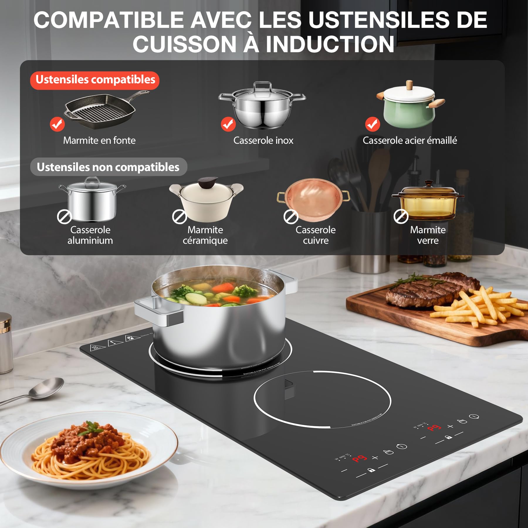 Plaque Induction 2 Feux 3000W 30cm Encastrable Pose Libre avec Minuterie Alerte Chaleur