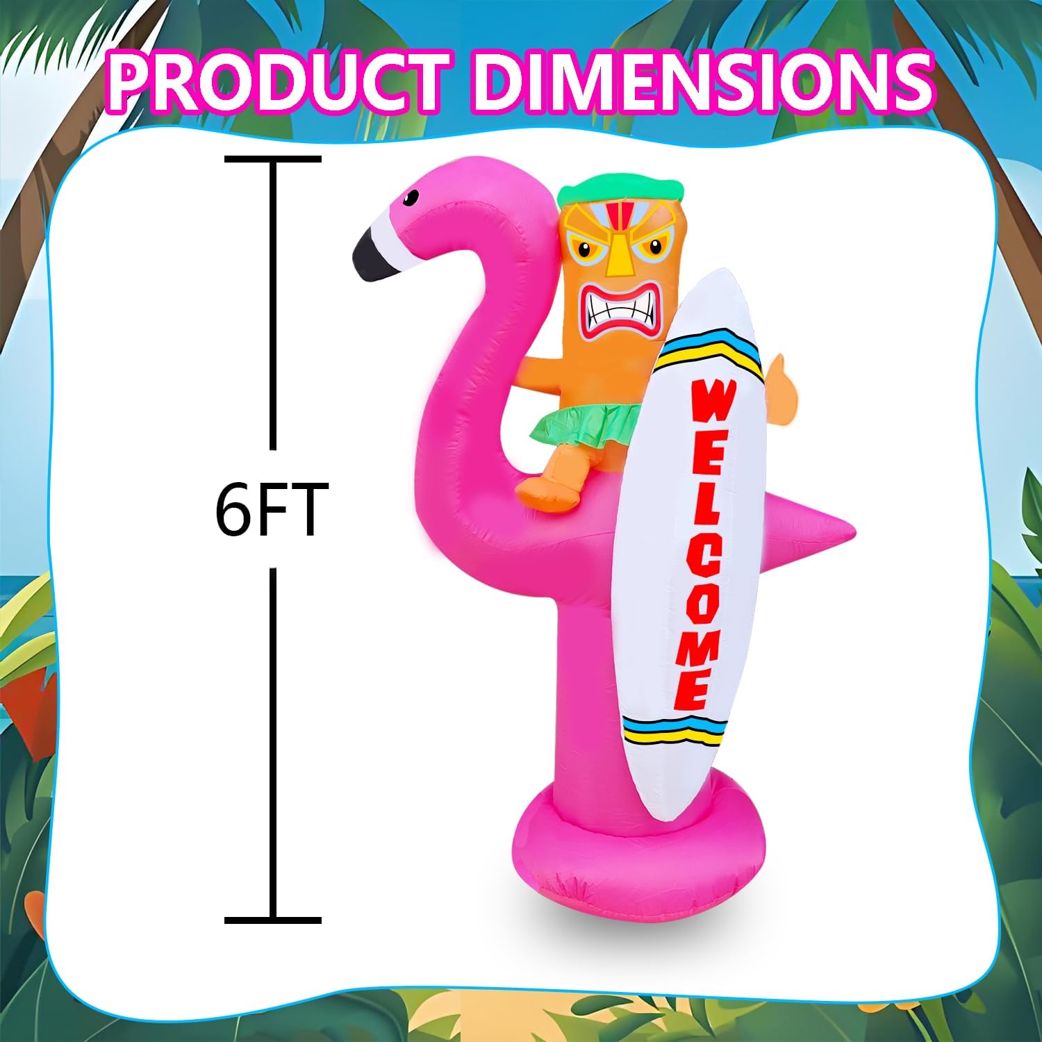 6ft Inflatable Flamingo Outdoor Decoration Inflatable Tiki Flamingo Surfboard Hawaiian Party Decoration Summer Outdoor Interior LED Lights for Summer Beach Party Tropical Pool Yard