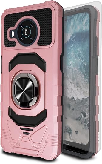 6goodeals for Nokia X100 Case, Heavy Duty Shockproof Built-in 360 Rotatable Ring Magnetic Car Mount Case with Tempered Glass Screen Protector for Nokia X100 Rose Good, Nokia X100 2021, 6.7 inch