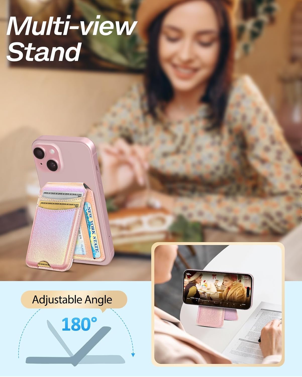 Shorogyt Compatible with Magsafe Wallet for Magnetic Fold Card Holder for Women - Cute Phone Wallet for iPhone 17/16/15/14/13/12 Series,RFID Blocking Stand Printed Leather Fit 5 Cards,Pk Purple - Image 5