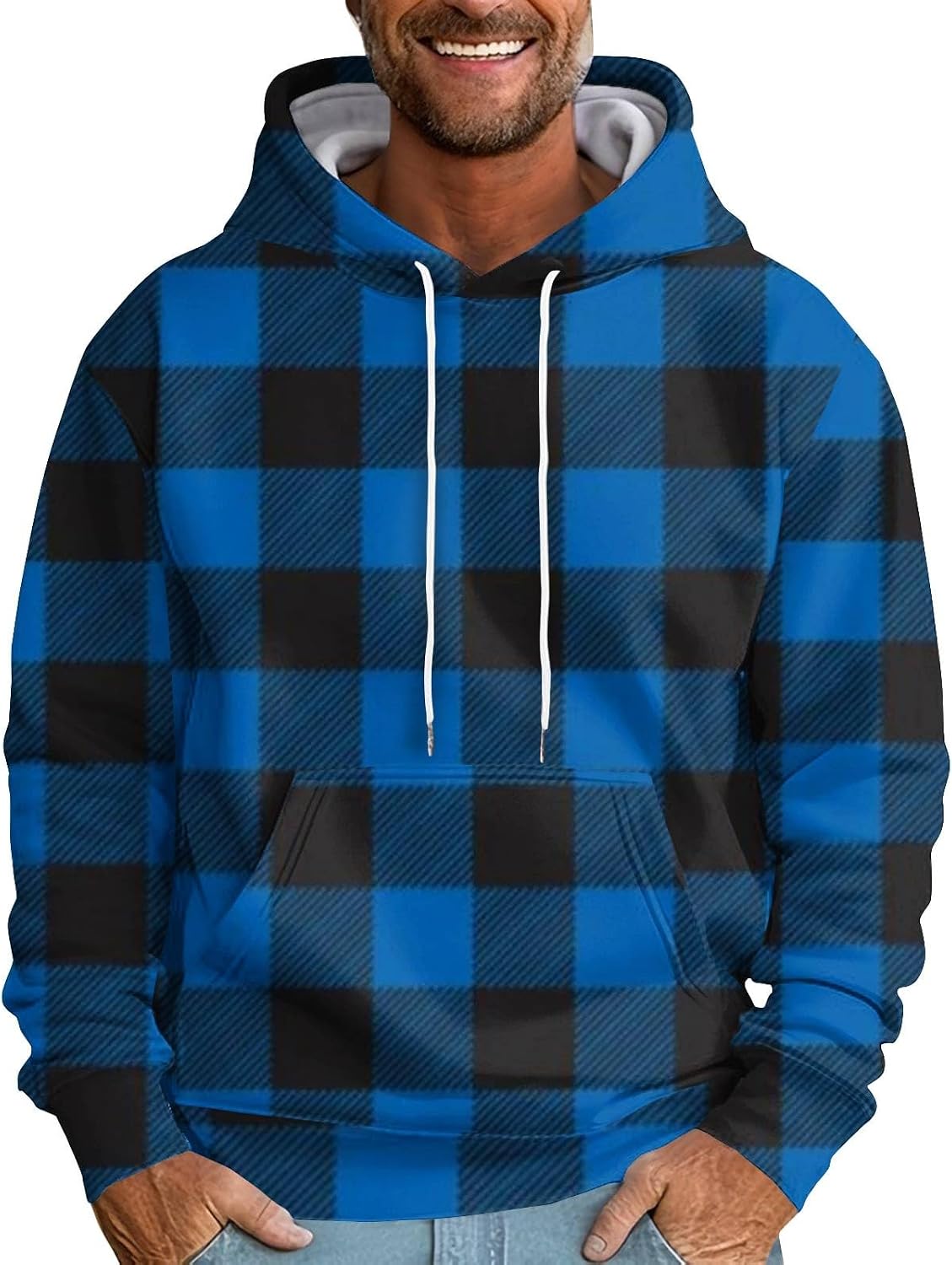 Ymosrh Men's Casual Hoodies, Long Sleeve Plaid Print Hooded Sweatshirts Fall Winter Hoodie Pullover, M-6XL