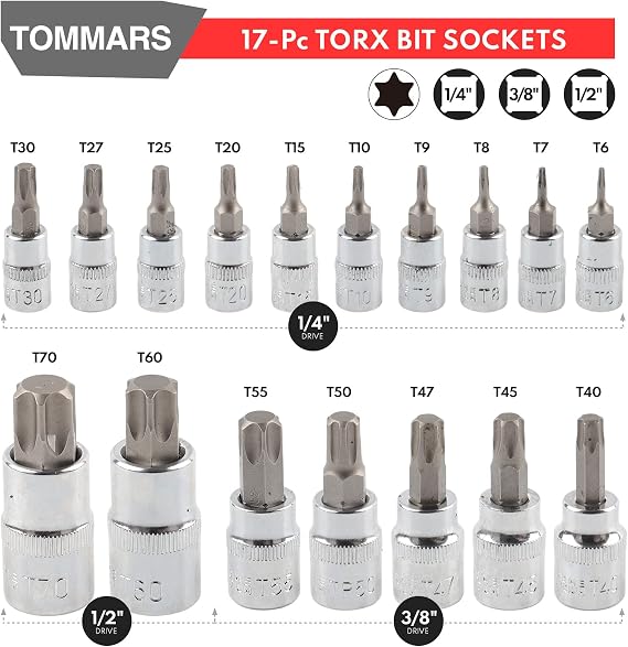 TOMMARS 60-Pc Master Torx Bit Socket and External Socket Set 1/4, 3/8, 1/2 Drive, S2 Steel Bits, CRV Sockets E4-E24, T6-T70,TT6-TT70,TP8-TP60
