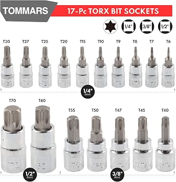 TOMMARS 60-Pc Master Torx Bit Socket and External Socket Set 1/4, 3/8, 1/2 Drive, S2 Steel Bits, CRV Sockets E4-E24, T6-T70,TT6-TT70,TP8-TP60