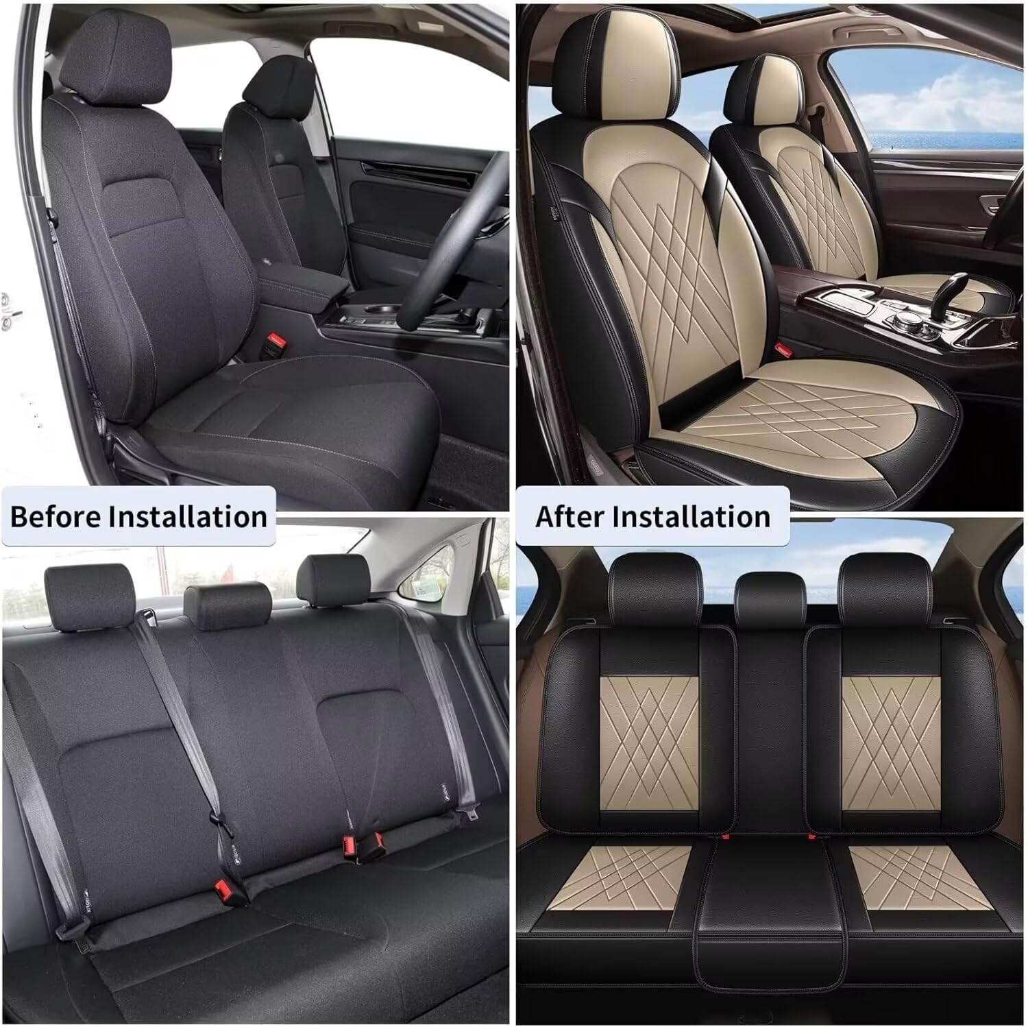 YORKNEIC Car Seat Covers 5 Seats Set for Hyundai Elantra 2017-2025 2026 Waterproof Faux Leather Full Set Car Seat Cushions Protector Compatible Airbag (2 Row 5 Seat, Black & Beige)