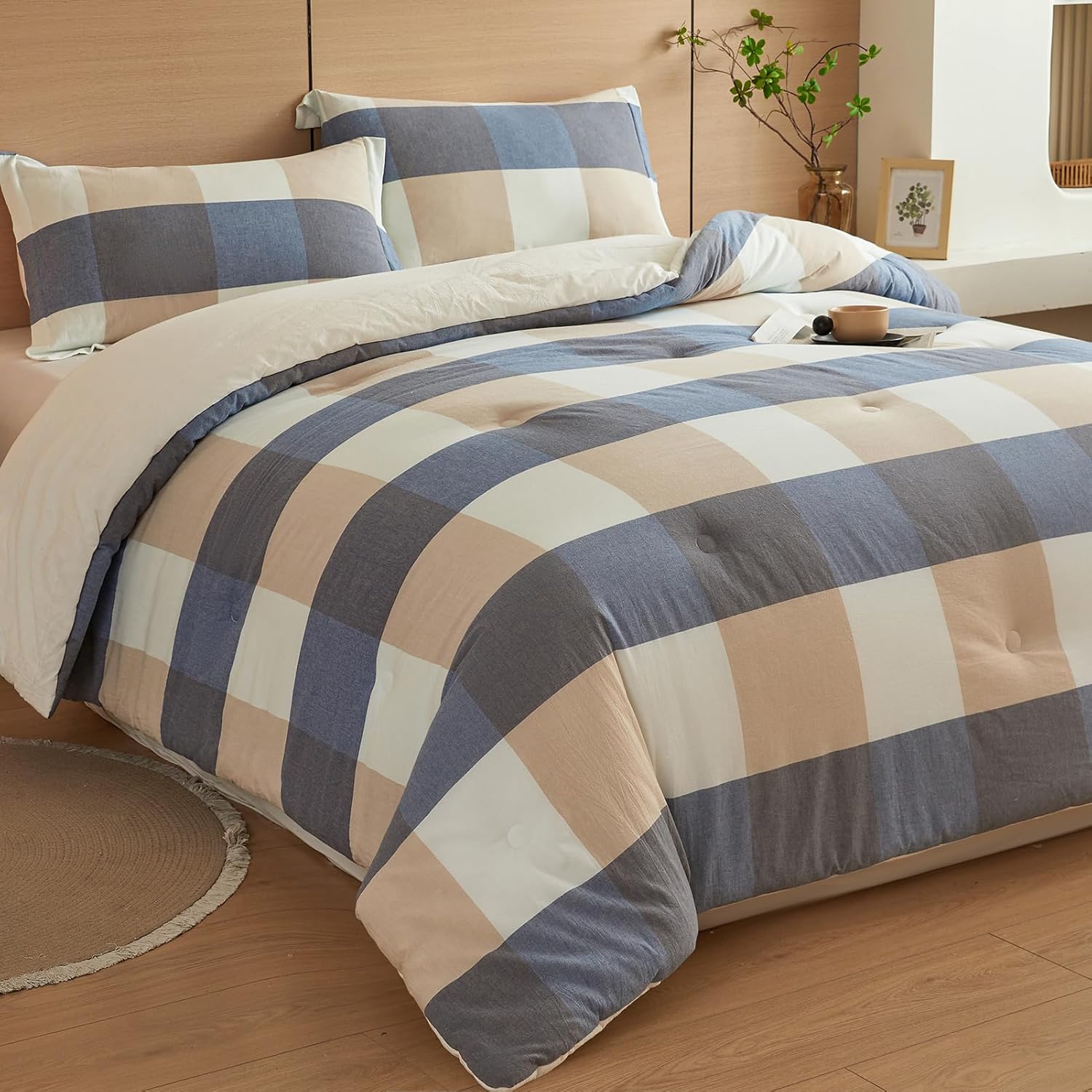 100% Cotton Comforter Set Full Size – Reversible Yarn-Dyed Checkered Design, Soft Washed Cotton on Both Sides, Lightweight All-Season Bedding, Machine Washable(Blue White Plaid, 80”x90”) Blue White Full(80"x90")