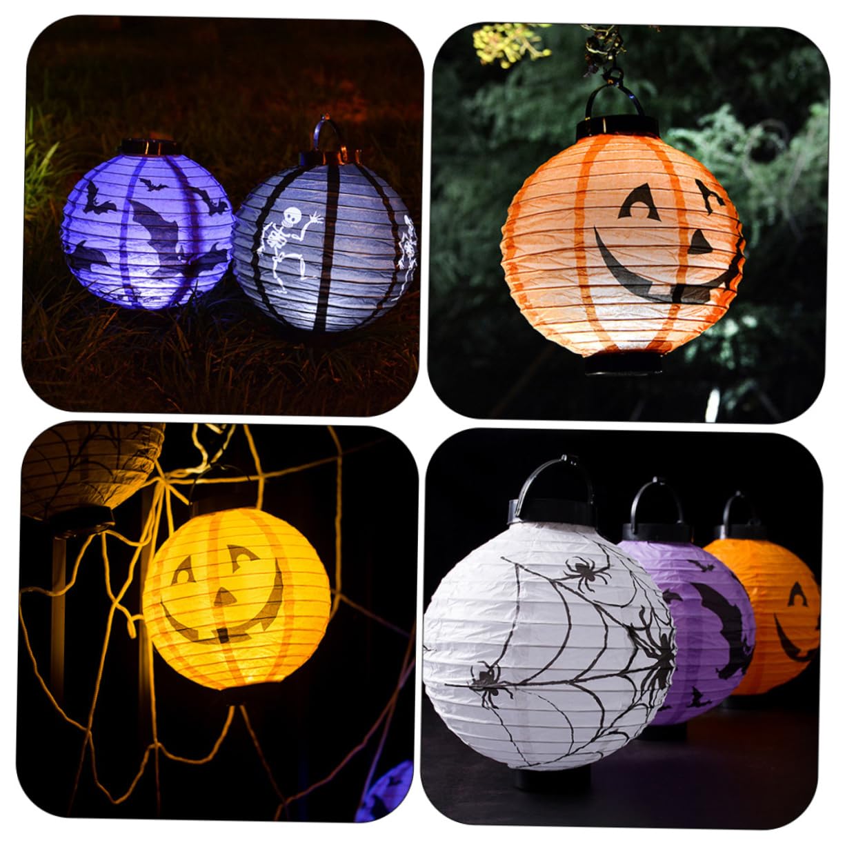 Lot 4 Lanternes Papier Halloween - Citrouille, Fantôme, Chauve-souris, Araignée - Avec Bougies LED - Déco Fête Pliable