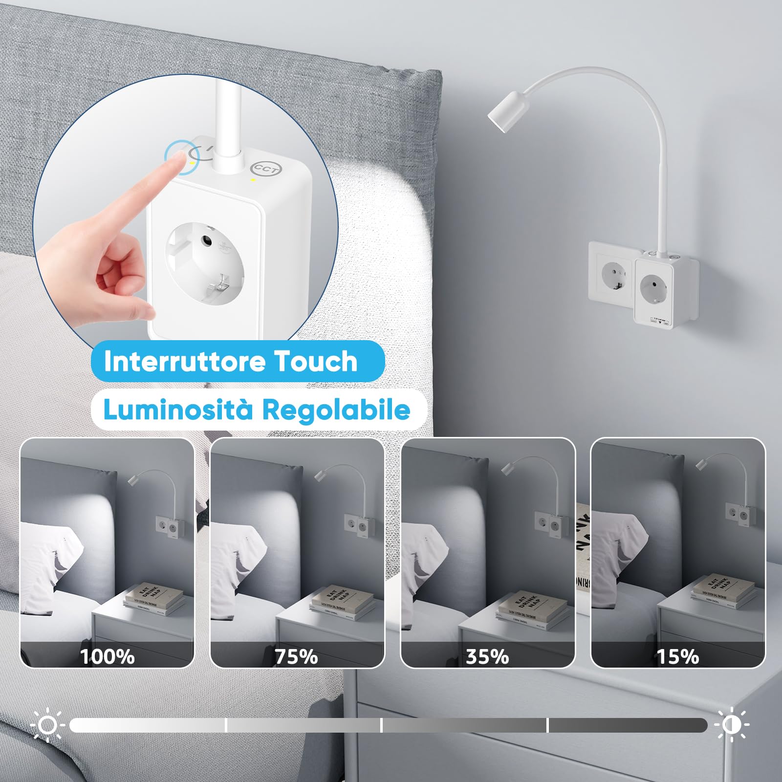 Lampada da Applique da Comodino Camera da Letto Bianche, 2 Pack Lampade da Lettura a Parete Faretto LED con Spina e Presa Elettrica, Due Interruttori Touch, 3 Colore Illuminazione