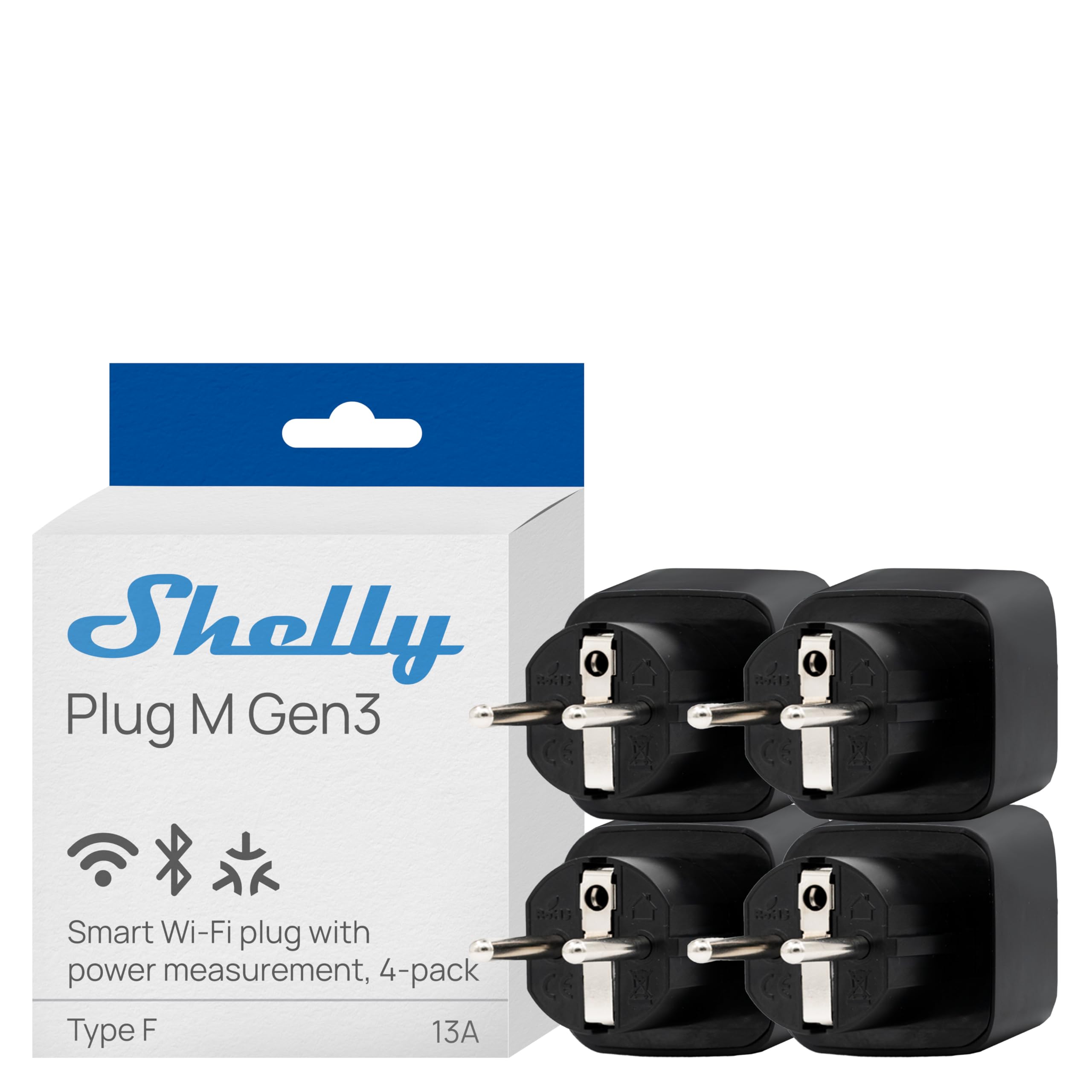 Shelly Plug M Gen3 Czarny - Inteligentna Bezprzewodowa Wtyczka Wi-Fi z Matter, Typ F Schuko, 13A 3000W, Pomiar Mocy, Timer, Sceny, Wskaźnik LED, Alexa Google Apple Home SmartThings (4 sztuki)