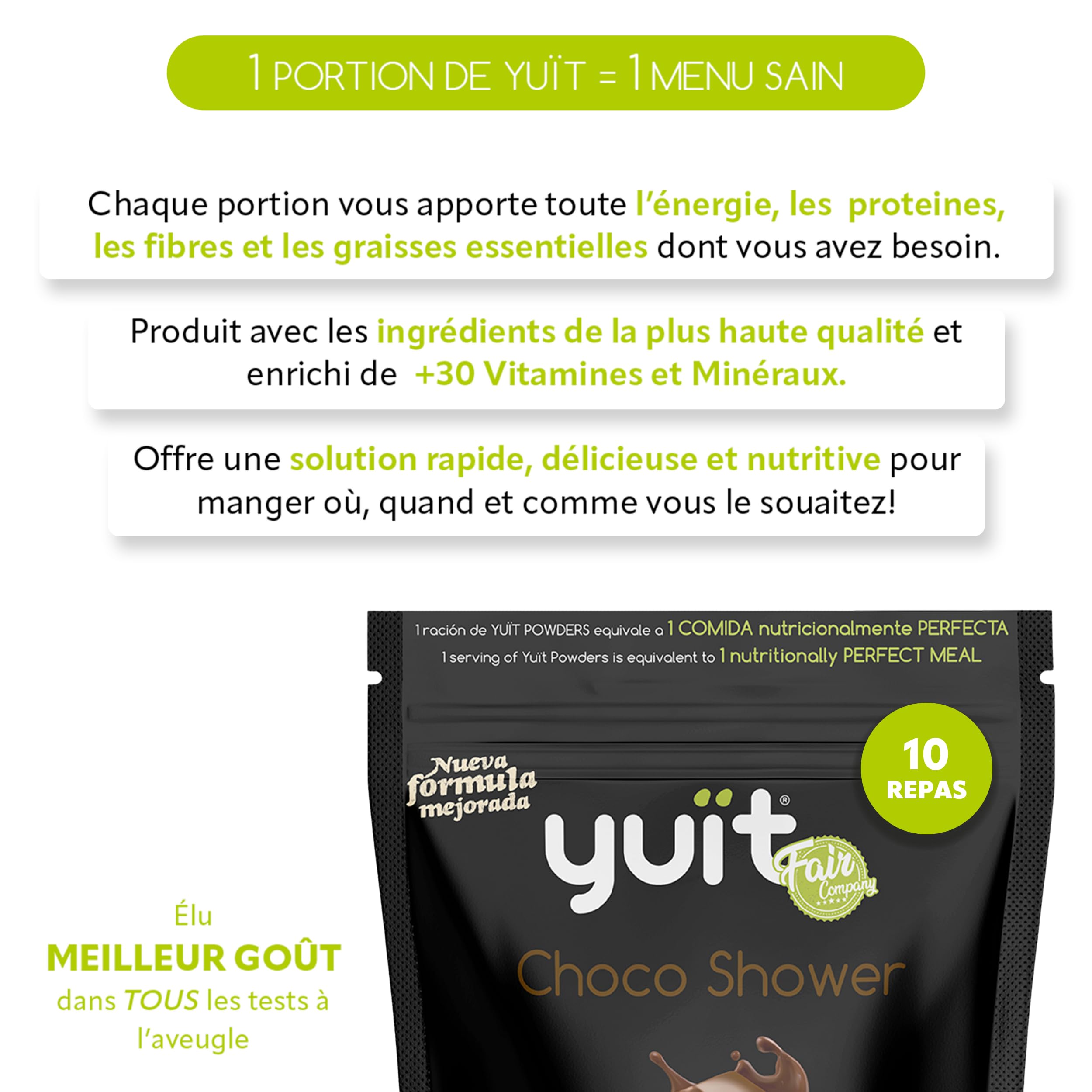 YUÏT - Substitut de repas - Shake protéiné - 35g de protéines en poudre + Probiotiques - Aliment 100% naturel - Shake diététique rassasiant - Supplément vitamines, minéraux - Chocolat - 1kg