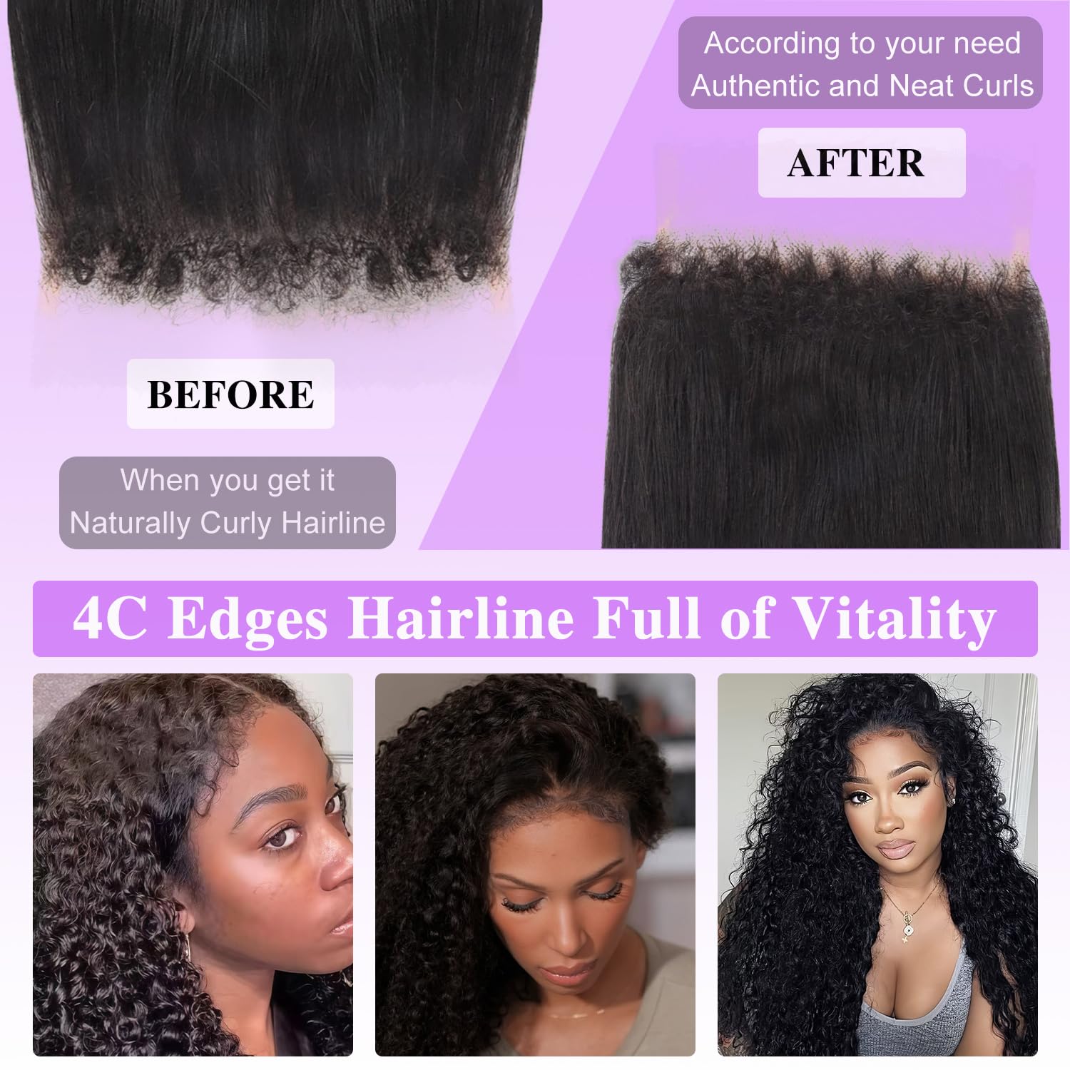 4c Edges Burmese Curly Lace Front Wigs Human Hair 13x6 HD Lace Frontal Wigs Pre Plucked with Spiral End 250% Density Human Hair Wig with Curly Edges Baby Hair for Black Woman Natural Color 18 Inch