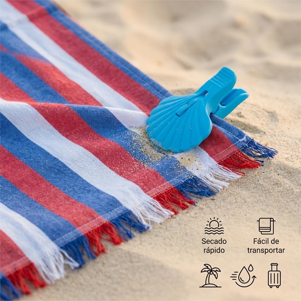 Pincho Lot de 2 grandes serviettes de plage avec pinces pour sable avec 4 pièces, anti-sable et séchage rapide XL 140 x 180 cm, rayures multicolores pour piscine et camping, avec franges