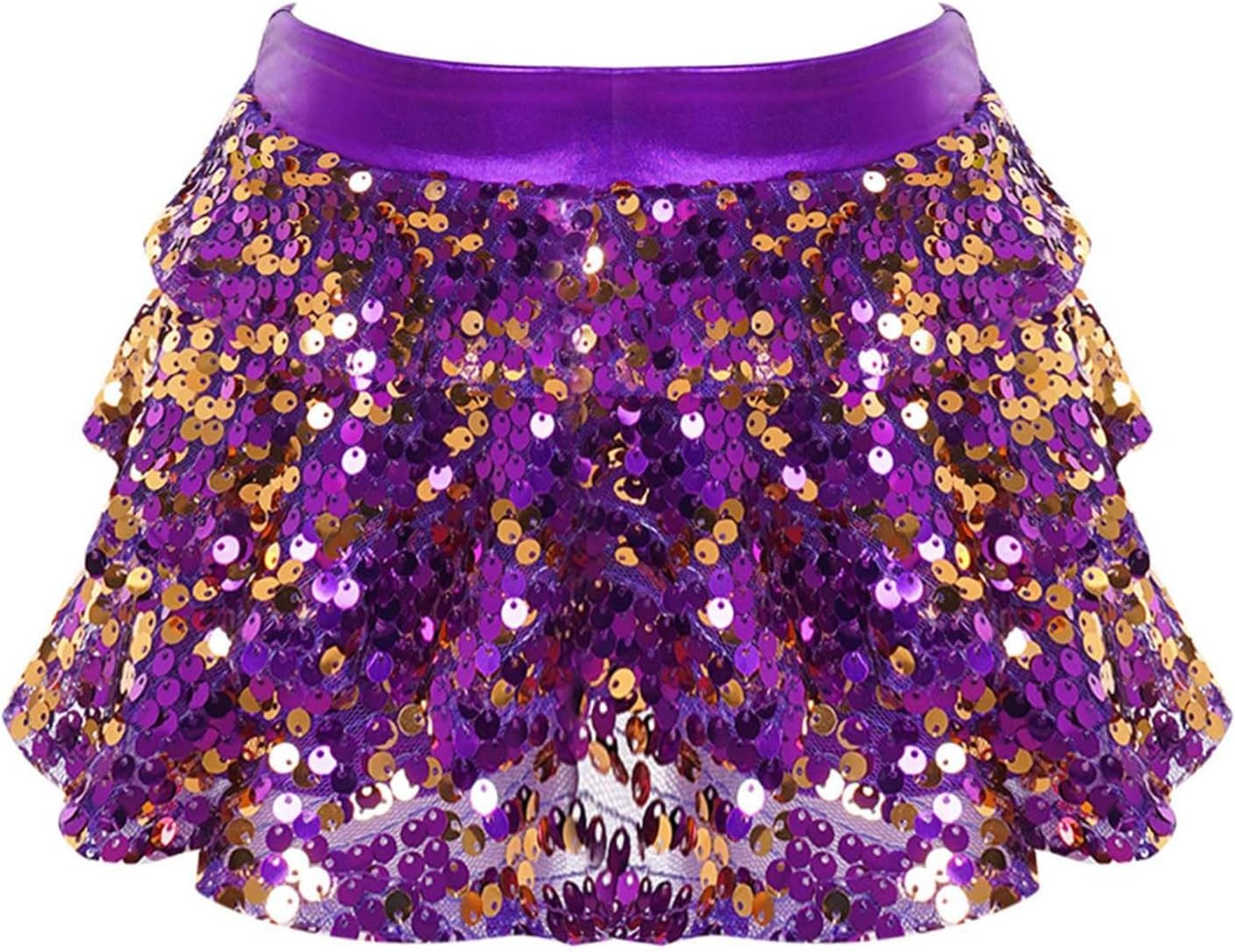 iEFiEL Girls Sequined Jazz Dance Skirt Elastic Waist Tiered Ruffle Skorts for Latin Disco Hip Hop Dance Streetwear
