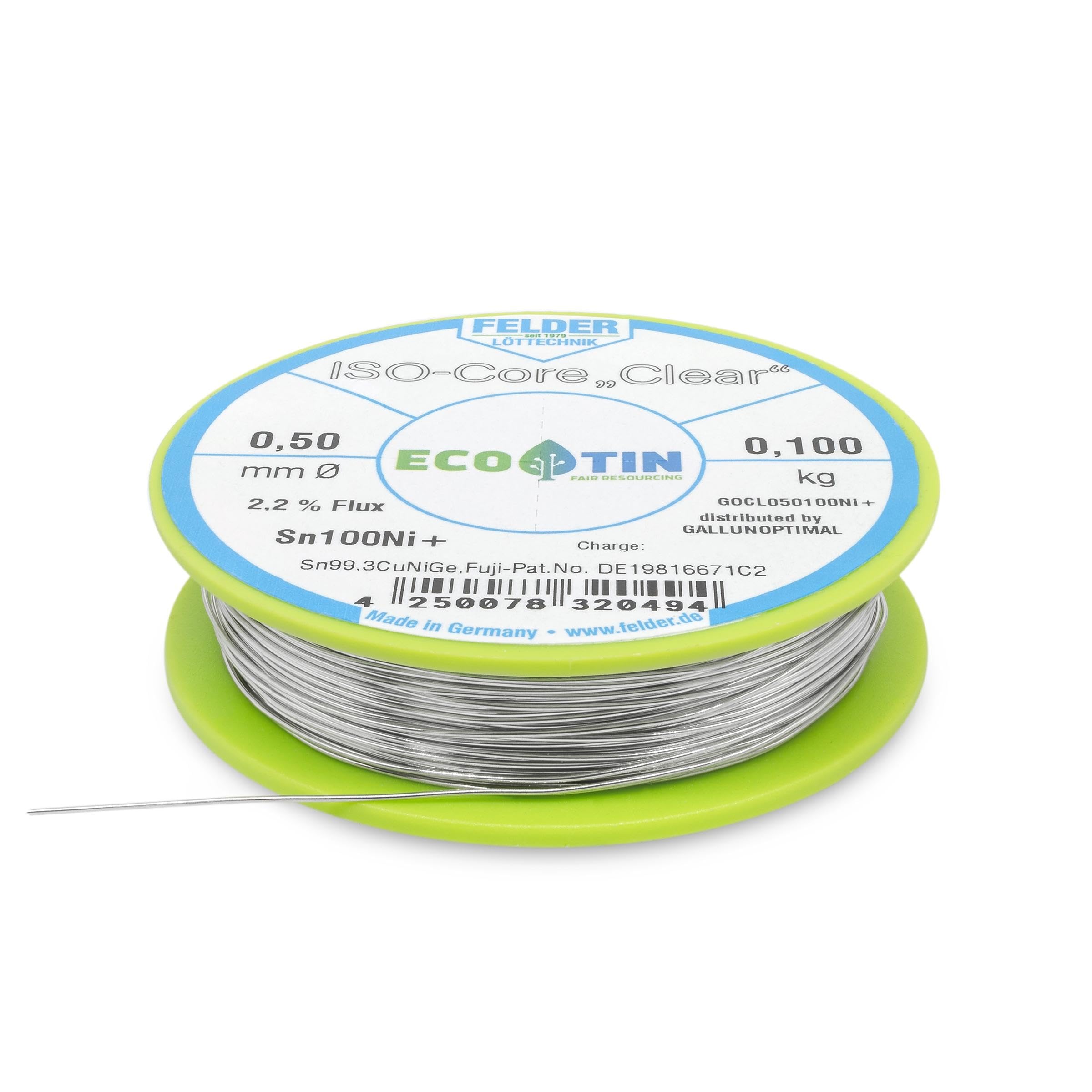 Felder FCL050100Ni+ - Filo per saldatura ISOCore, Clear Sn100Ni+ Sn99,3CuNiGe, 0,5 mm su bobina da 100 g