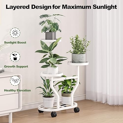 Miniatura 6 de Soporte para plantas con ruedas de metal de 3 niveles, estante esquinero de flores para múltiples plantas, estante de exhibición para dormitorio