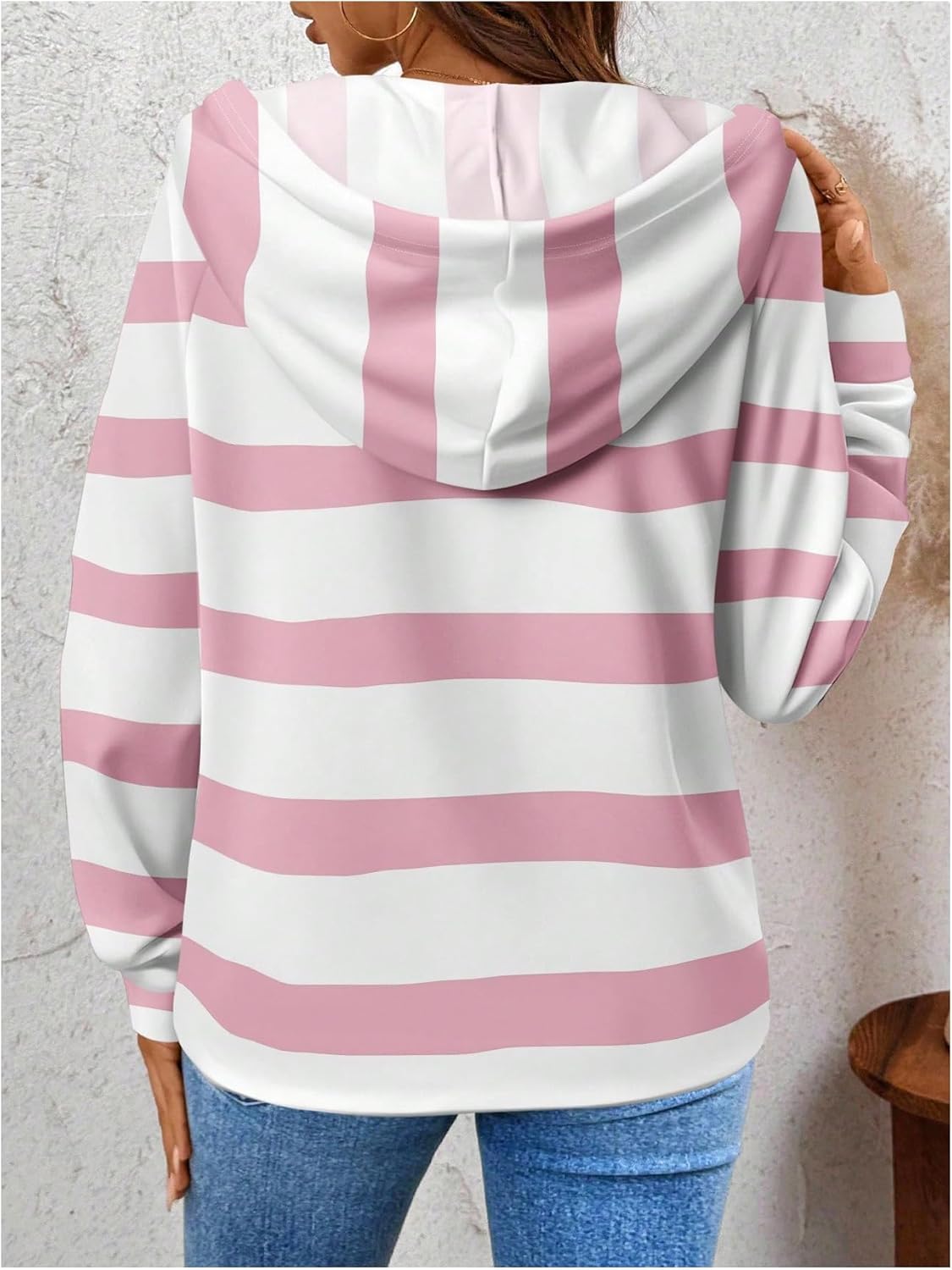 SweatyRocks Women's Striped Button Front Hoodie Sweatshirts Long Sleeve Drawstring Pullover Tops - Image 2