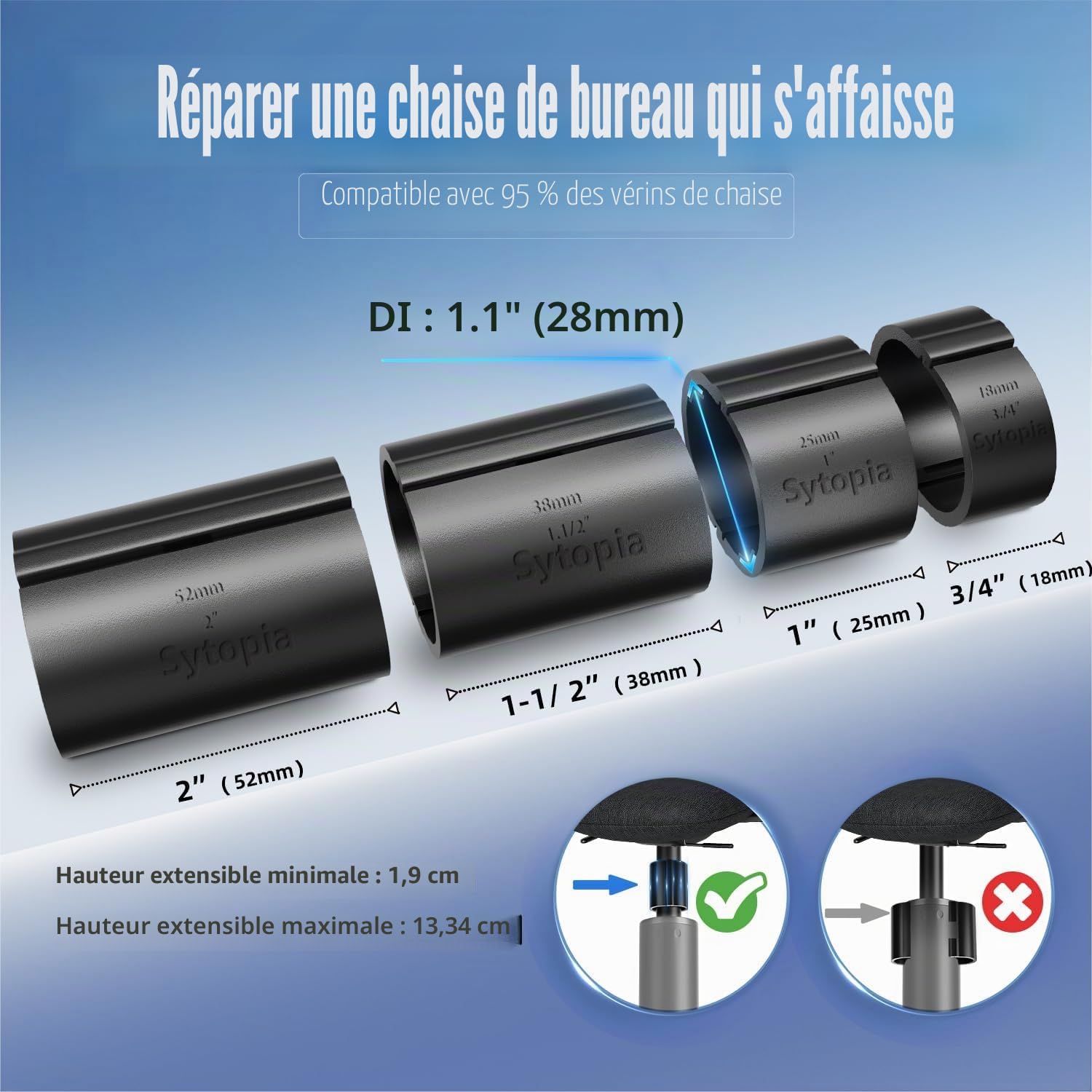 Sytopia Lot de 4 vérins à gaz pour chaise de bureau - Jusqu'à 450 kg - Aucun outil nécessaire - Hauteur de chaise réglable - Taille universelle 28 mm