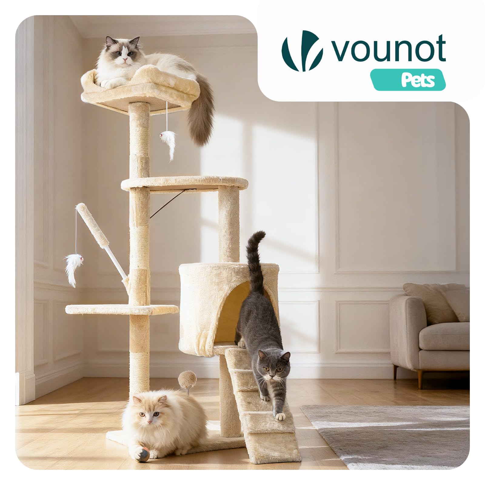 VOUNOT® Árbol Rascador para Gatos Altura 112 cm, Torre de Gatos Multiniveles, Rascador de Escalada Estable para Felinos Mascotas con Juguetes Postes de Sisal Plataformas Cueva Pelota, Beige