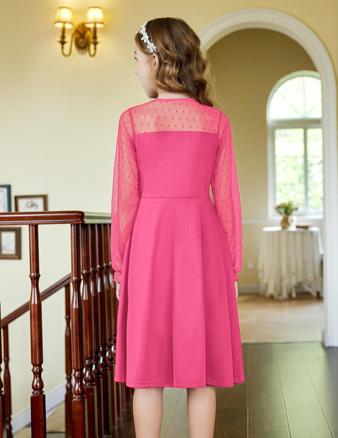 Arshiner Girl's Contrast Mesh Puff Long Sleeve High Waist A Line Short Dress with Pockets for 6-13 Years - Image 7