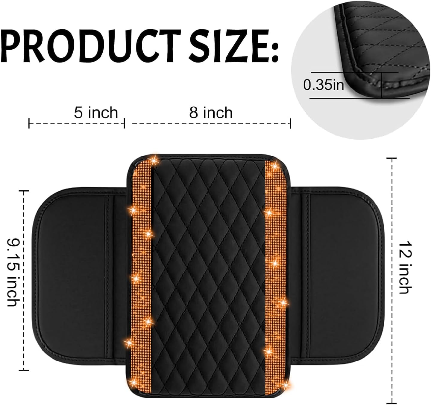 NBTEPEM Bling Car Center Console Cover, Leather Car Arm Rest Cover Cushion with 2 Storage Bags, Middle Console Cover Universal Armrest Protector Pads, Bling Accessories for Most Vehicles (Orange) image 2