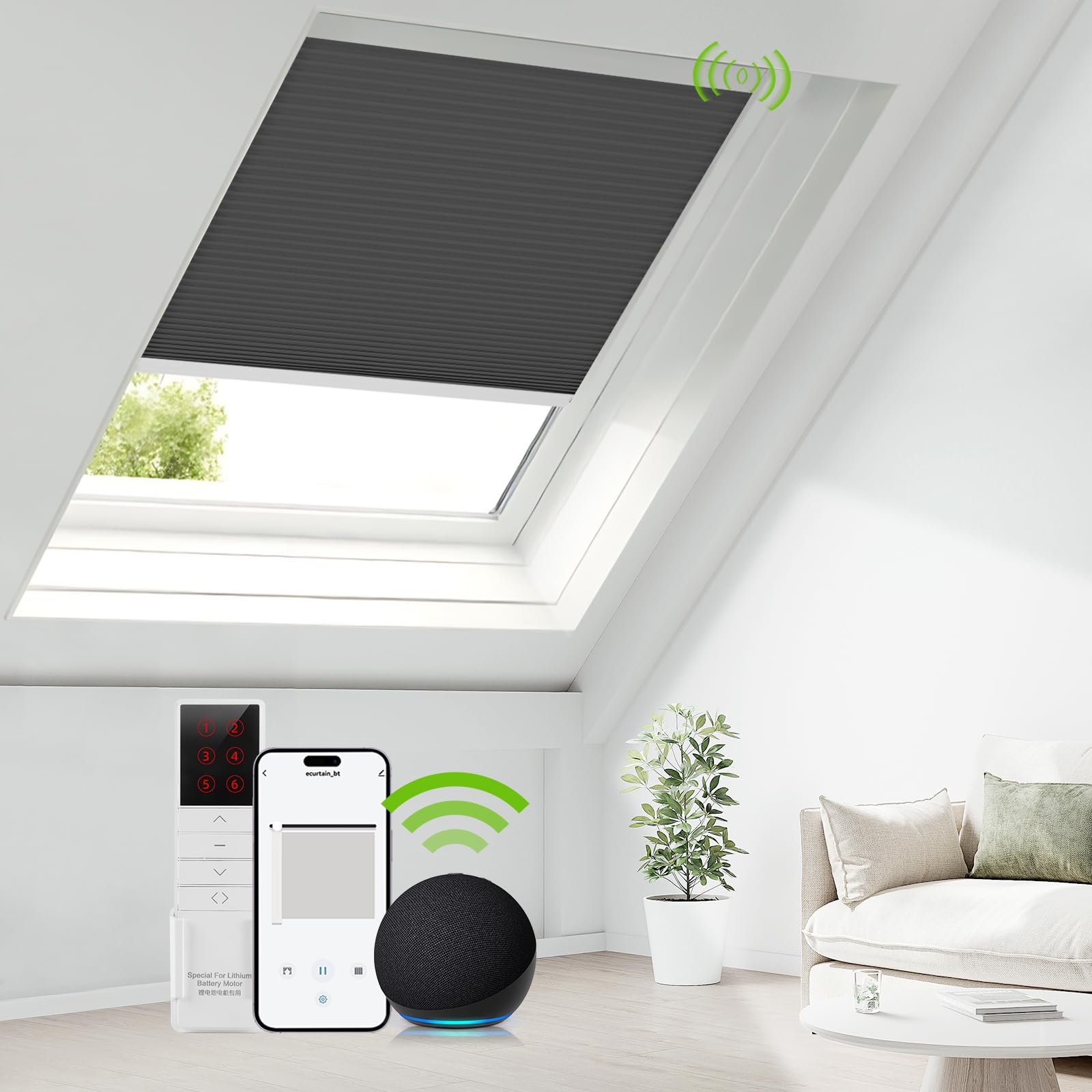 Motorized Skylight Shades Cellular Honeycomb Electric Blinds with Solar Panel Cordless Rechargeable Shades with Remote for Roof Inclined Plane Room Custom Size (Charcoal)