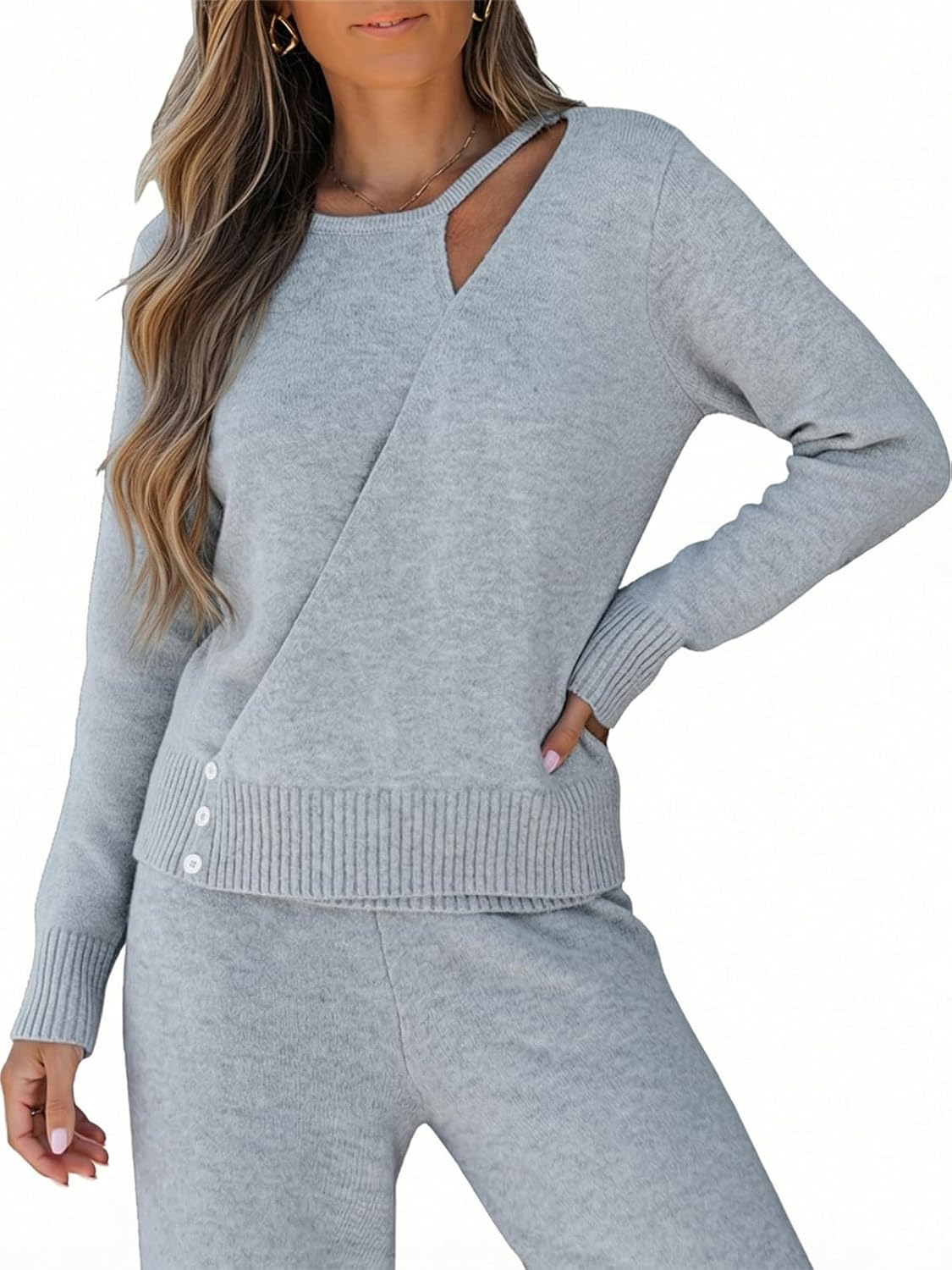 CUPSHE Womens Asymmetrical Cut Out Sweaters Fall Wrap Crewneck Sweater Long Sleeve Pullover Ribbed Knit Tops Grey M