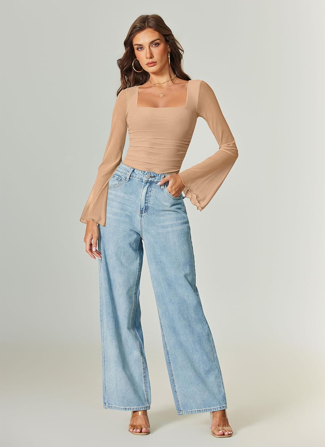 Avidlove Bodysuits for Women Long Bell Sleeve Mesh Square Neck Body Suits Going Out Tops Country Concert Outfits - Image 5