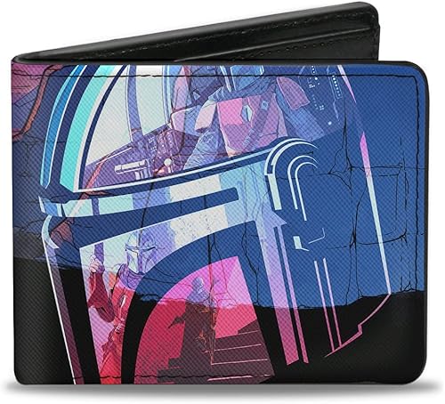 Buckle-Down Billetera para hombre, plegable, con logotipo de Star Wars The Mandalorian Helmet Scenes, Bounty Hunter, cuero vegano, 4.0 x 3.5