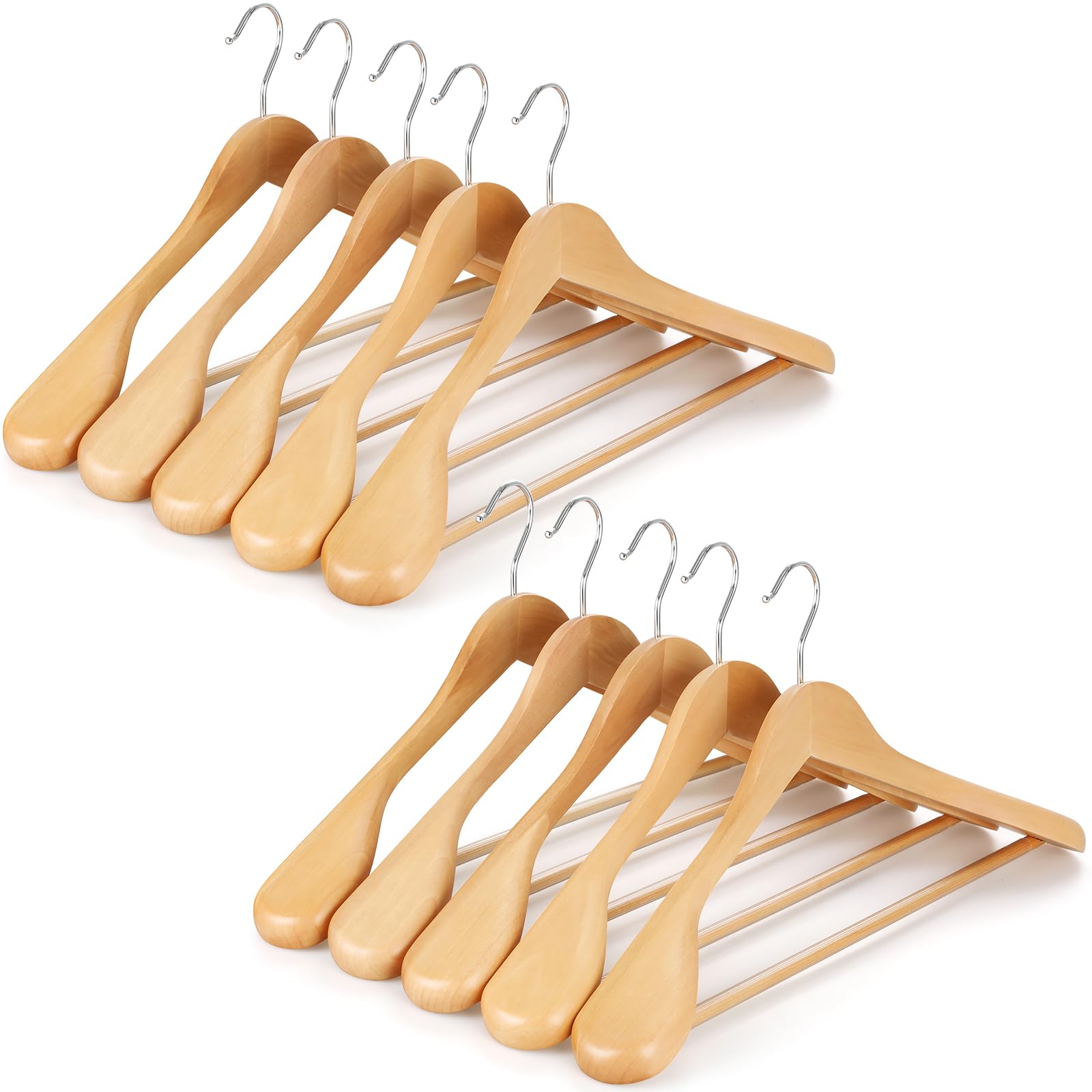 TOPIA HANGER 10Pack Wide Shoulder Wooden Hangers 44.5CM, Natural Wood Suit Hangers with Non Slip Trouers Bar & 360Β° Swivel Hook, Heavy Duty Wooden Coat Hanger-CT02NA-10